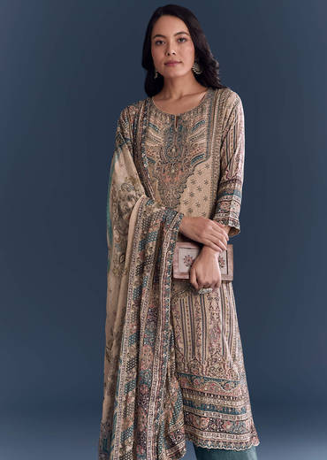 Beige Blue Ombre Crepe Kurta Set With Indie Print And Zari Work