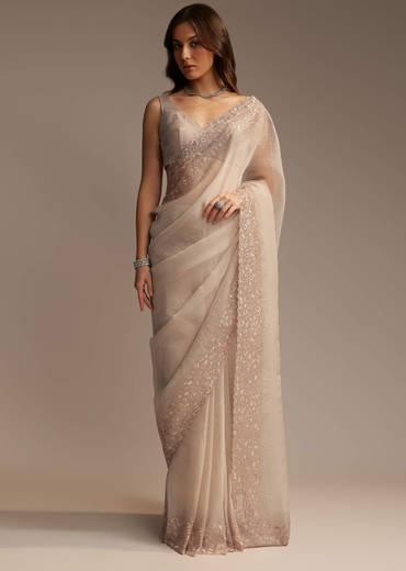 Beige Chiffon Embellished Saree with Resham Cutwork