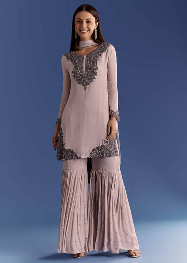 Beige Chinon Beaded Kurta Set With Ombre Dupatta