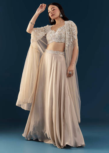 Beige Chinon Silk Crop Top Palazzo Set with Cape