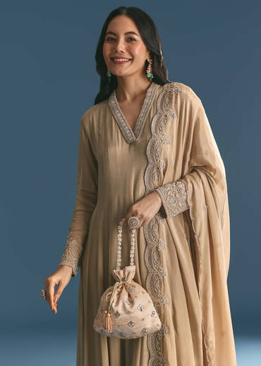Beige Chinon Zardosi Work Anarkali Suit With Embroidered Dupatta