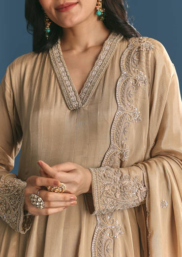 Beige Chinon Zardosi Work Anarkali Suit With Embroidered Dupatta
