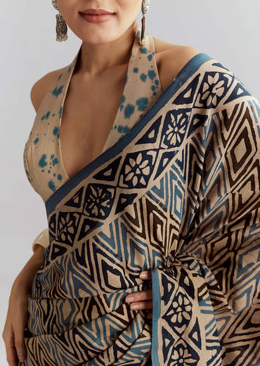 Beige Cotton Linen Saree With Hand Block Print And Kantha Work