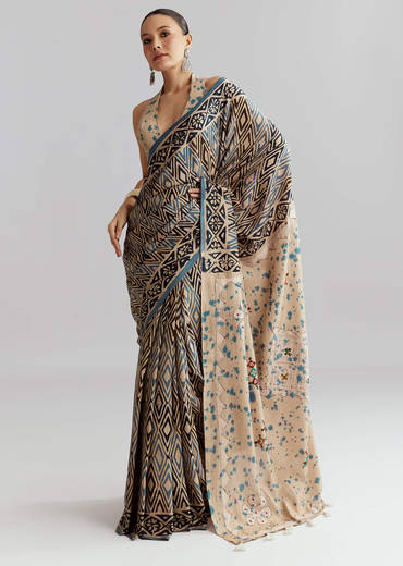 Beige Cotton Linen Saree With Hand Block Print And Kantha Work