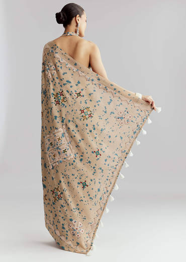 Beige Cotton Linen Saree With Hand Block Print And Kantha Work