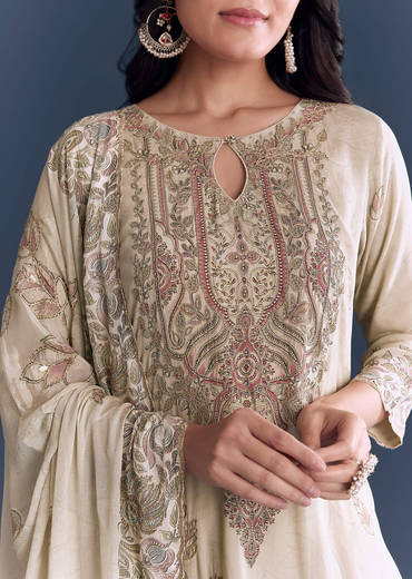 Beige Crepe Kurta Set With Floral Print And Zari Work