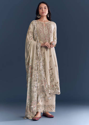 Beige Crepe Kurta Set With Floral Print And Zari Work