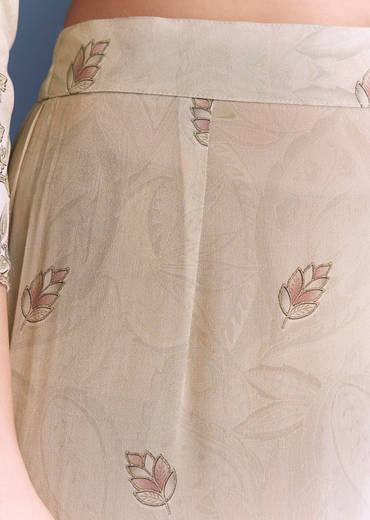 Beige Crepe Kurta Set With Floral Print And Zari Work