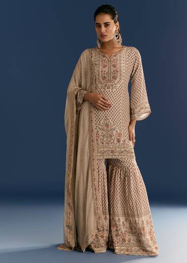 Beige Crepe Printed Kurta Sharara With Dupatta