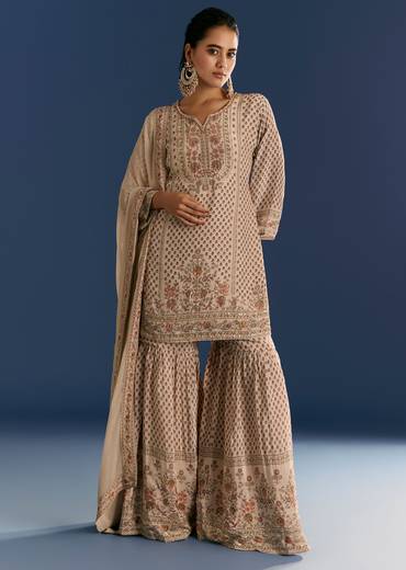 Beige Crepe Printed Kurta Sharara With Dupatta
