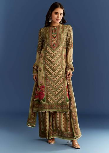 Beige Crush Tissue Floral Printed Kurta With Printed Palazzo
