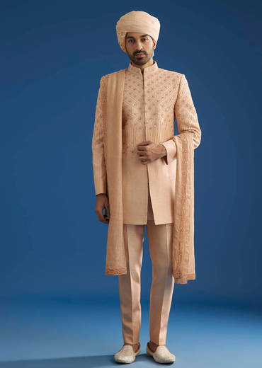 Beige Crush Tissue Sherwani Set With Hand Embroidery