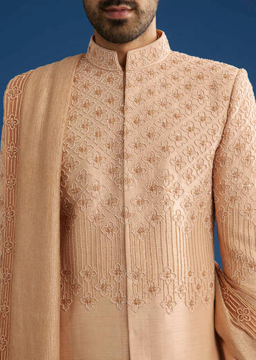 Beige Crush Tissue Sherwani Set With Hand Embroidery
