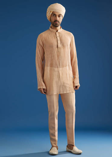 Beige Crush Tissue Sherwani Set With Hand Embroidery