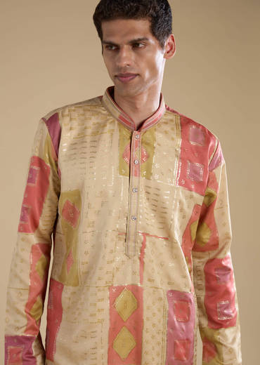 Beige Foil Print Silk Kurta Set