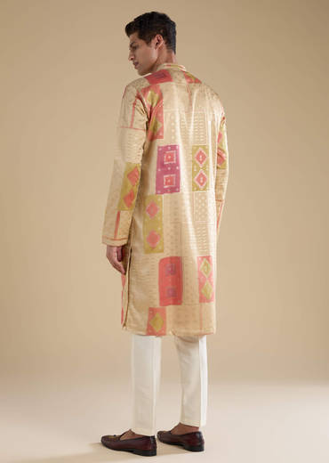 Beige Foil Print Silk Kurta Set