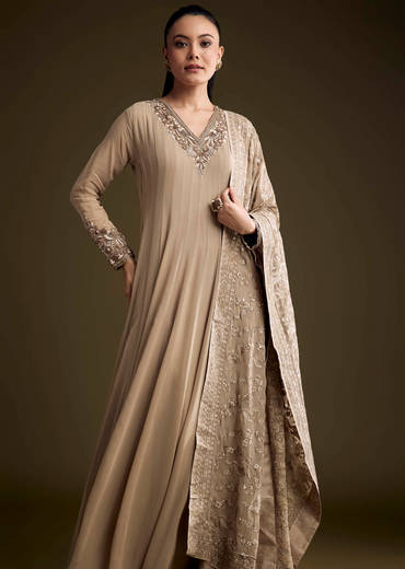 Beige Georgette Anarkali Suit With Sequins And Thread Embroidery