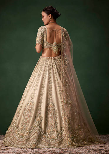 Beige Gold Bridal Raw Silk Lehenga Set with Two Dupattas