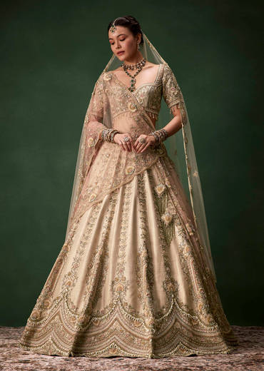 Beige Gold Bridal Raw Silk Lehenga Set with Two Dupattas