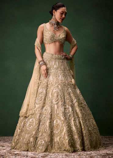 Beige Gold Heavy Work Bridal Lehenga Set with Two Dupattas