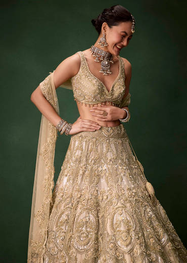 Beige Gold Heavy Work Bridal Lehenga Set with Two Dupattas