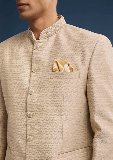 Beige Jacquard Jodhpuri Suit For Men With Hand Embroidery