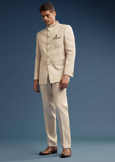 Beige Jacquard Jodhpuri Suit For Men With Pashmina Dupatta