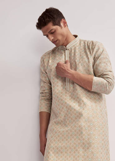 Beige Jacquard Kurta Set For Men With Subtle Weave