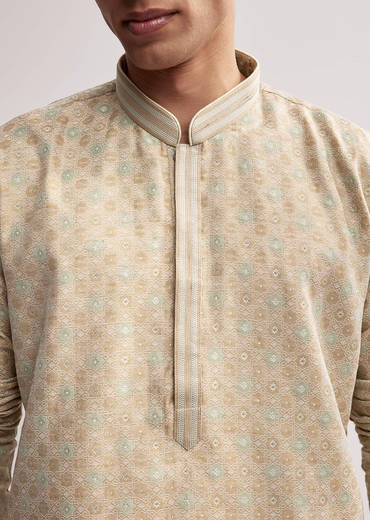 Beige Jacquard Kurta Set For Men With Subtle Weave