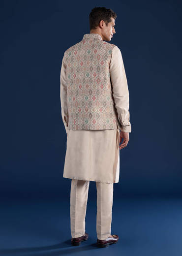 Beige Jacquard Silk Embroidered Jacket Kurta Set