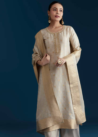 Beige Jacquard Weave Tissue Kurta Palazzo Set