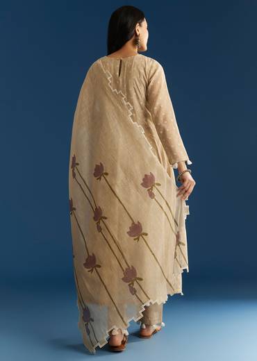 Beige Jamdani Anarkali Set With Thread Work Yoke And Floral Dupatta