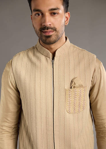 Beige Kurta Jacket Set For Men With Beads And Resham Work