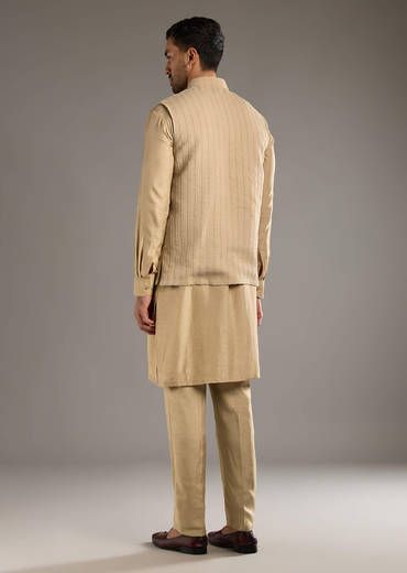 Beige Kurta Jacket Set For Men With Beads And Resham Work
