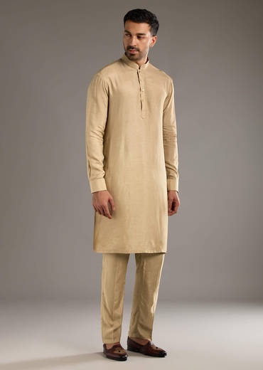 Beige Kurta Jacket Set For Men With Beads And Resham Work