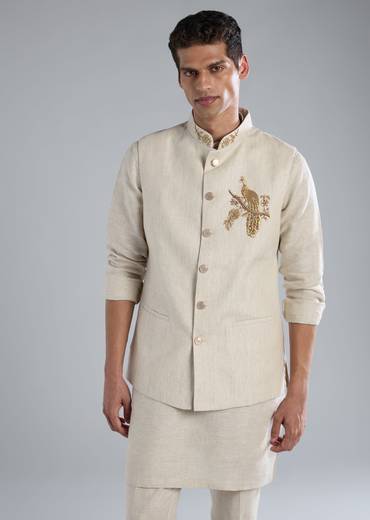 Beige Kurta Jacket Set With Zardosi Hand Work