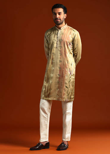 Beige Kurta Set For Men With Ethnic Motif Work