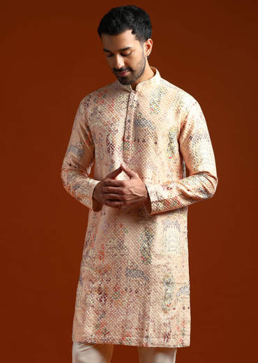 Beige Kurta Set For Men With Print And Sequins Embroidery