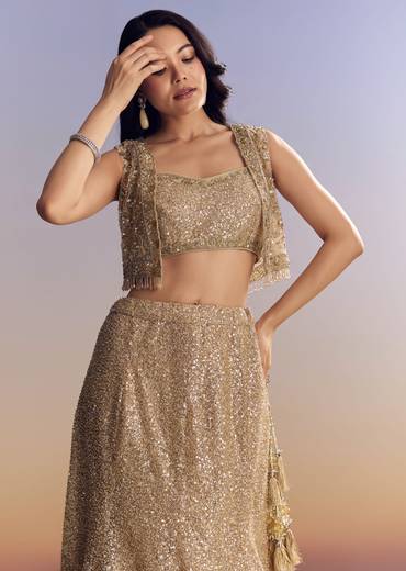 Beige Lehenga Set With Jacket And Cut Dana Embroidery