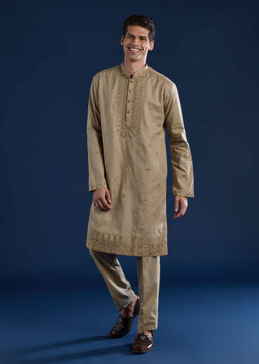 Beige Linen Blend Mirror Work Kurta and Pant Set