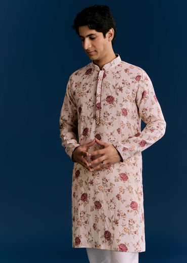 Beige Linen Kurta Jacket Set With Sequins And Thread Embroidery