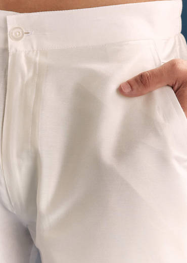 Beige Linen Kurta Set For Men With Mirror Embroidery