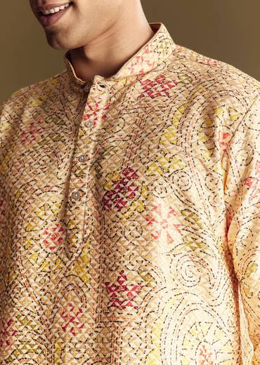 Beige Linen Kurta Set With Minimalist Detailing