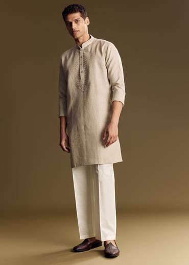 Beige Linen Kurta Set With Thread And Sequin Accents