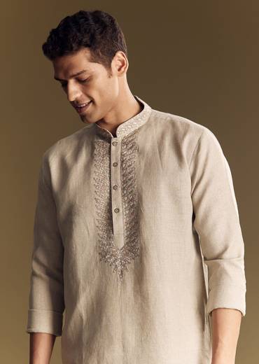 Beige Linen Kurta Set With Thread And Sequin Accents