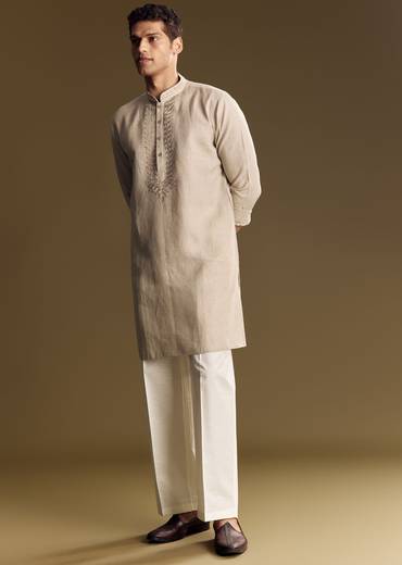 Beige Linen Kurta Set With Thread And Sequin Accents