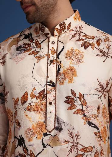 Beige Linen Printed Kurta Set With Leaf Motifs