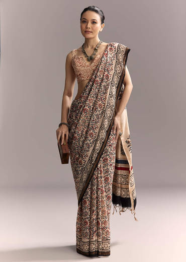 Beige Linen Saree With Ajrakh Floral Print And Black Border