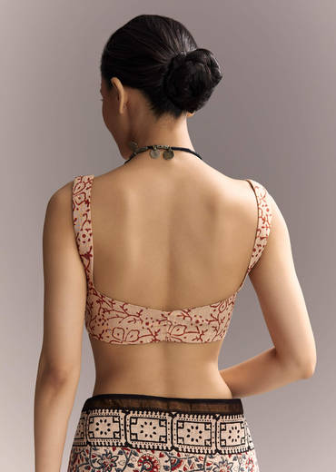 Beige Linen Saree With Ajrakh Floral Print And Black Border