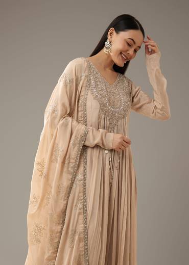 Beige Mirror Embellished Anarkali with Dupatta